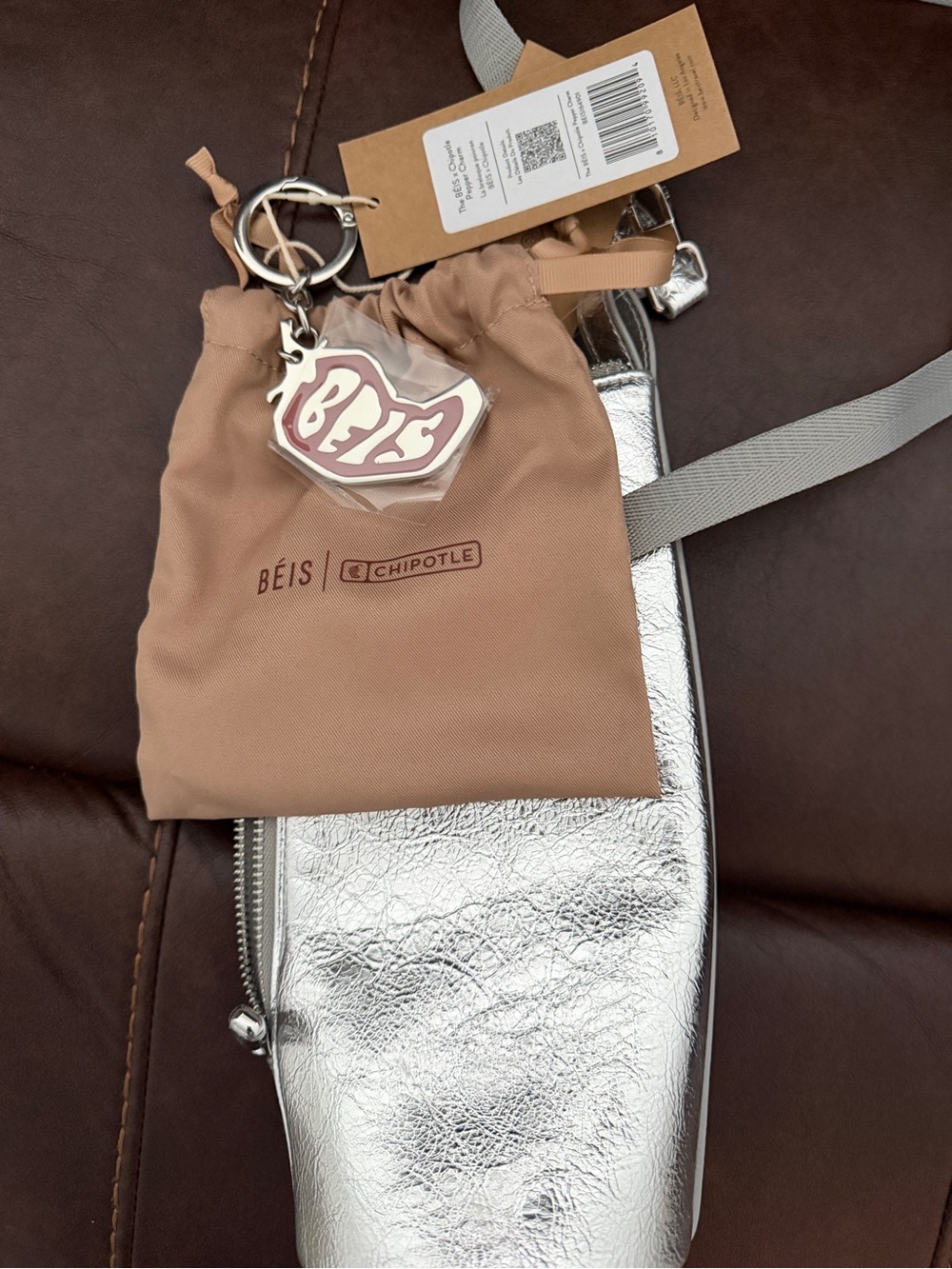 BEIS Silver Crossbody with Tan Drawstring Pouch and BEIS Keychain